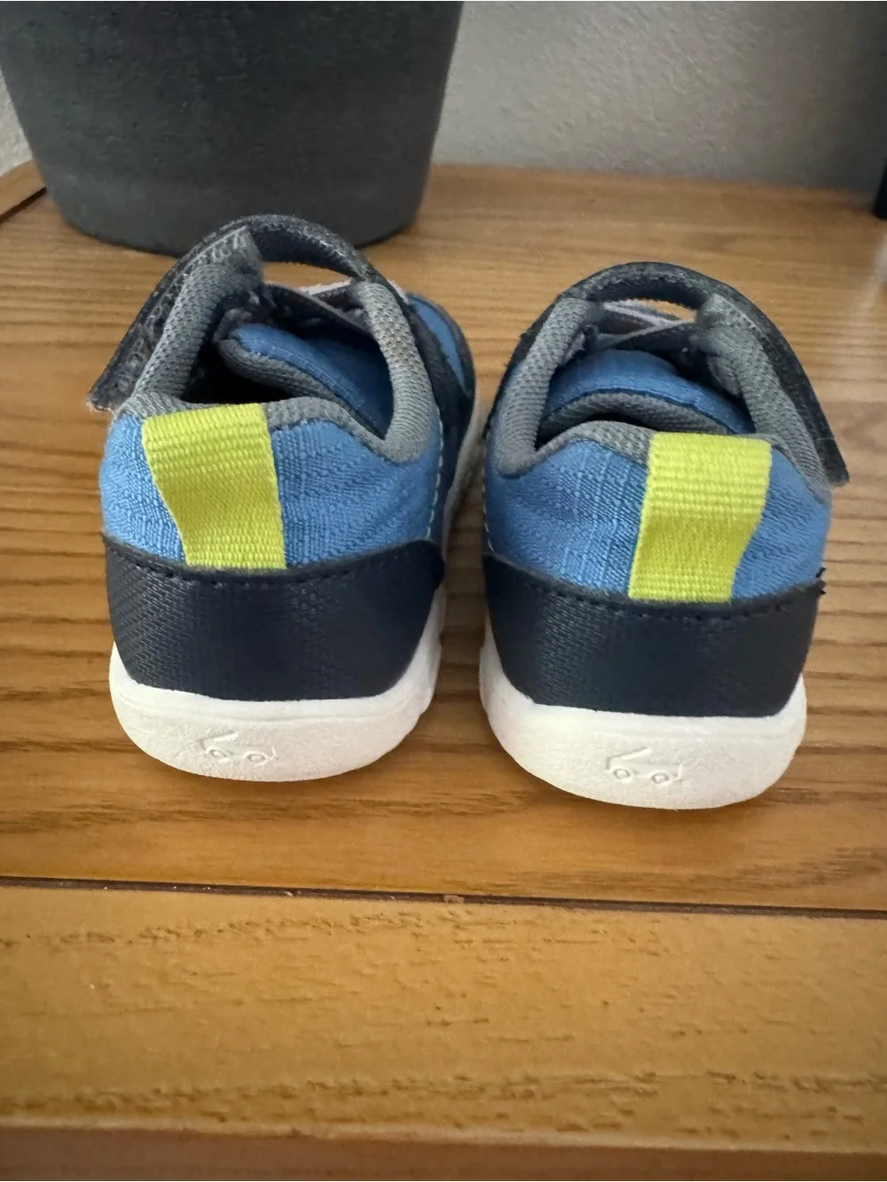 See Kai Run Blue and Navy Sneakers with Lime Pull Tab